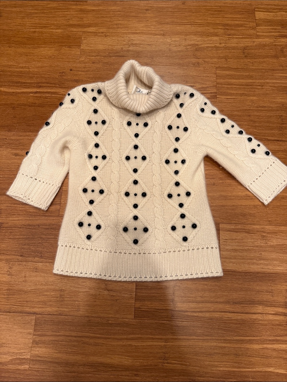 Turtleneck Embellished Cable-Knit Sweater - Cream